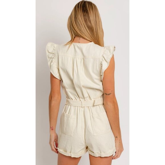LE LIS Ruffle Buttons Denim Romper In Cream Size Large - Picture 3 of 9